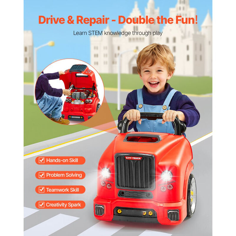 60-Piece Kids Mechanic Car Repair Set with Removable Engine Parts, Lights, Sounds & Horn-Red image number 4