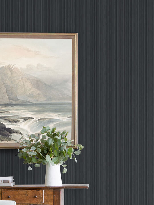 Sebasco Black Vertical Pinstripe Wallpaper