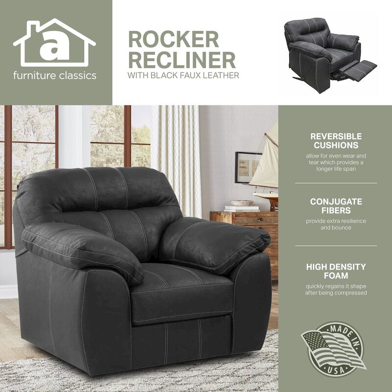 American Furniture Classics Rocker Recliner Chair in Black Faux Leather