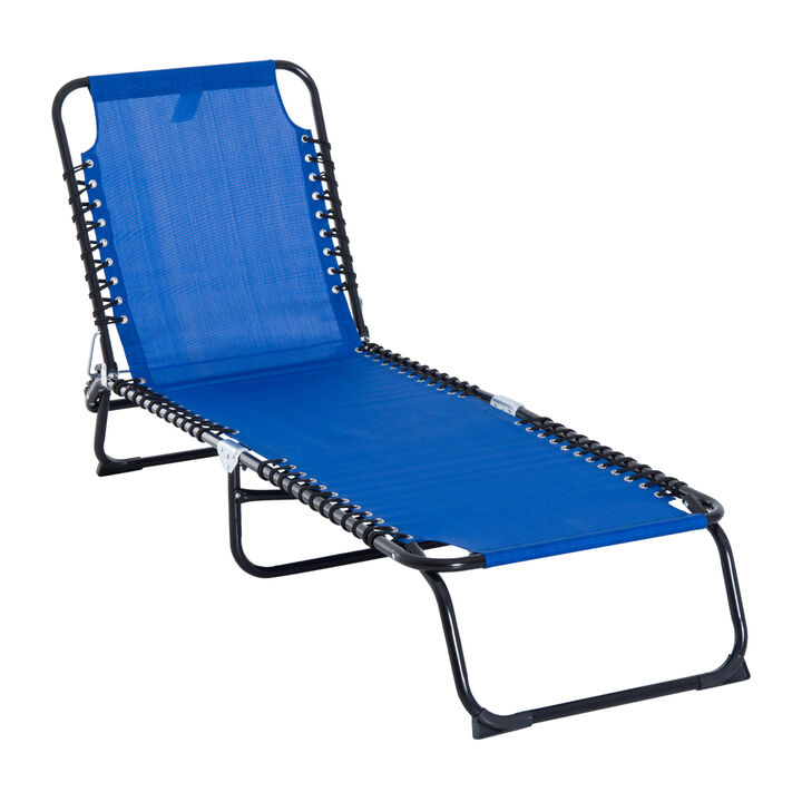 Outsunny Folding Chaise Lounge Pool Chair, Patio Sun Tanning Chair, Outdoor Lounge Chair w/ 4-Position Reclining Back, Pillow, Breathable Mesh & Bungee Seat for Beach, Yard, Patio, Dark Blue