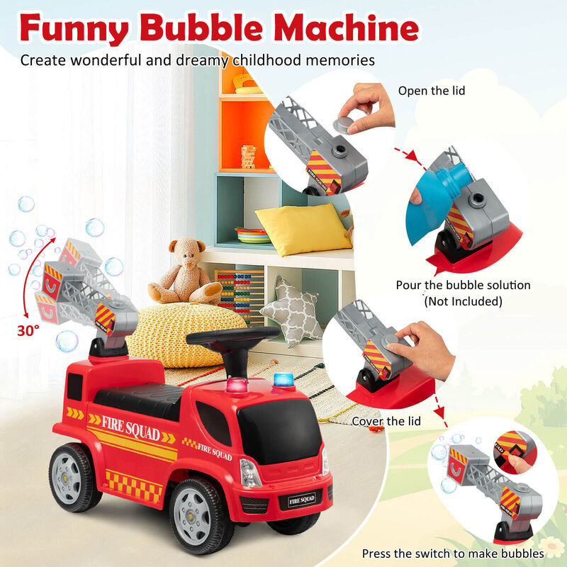 Push Ride On Fire Truck for Kids with Bubble Maker Ladder and Headlights-Red image number 7