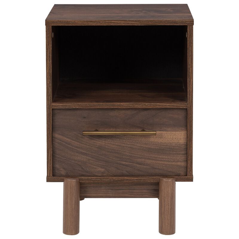 Cora 21 Inch Modern Wood Nightstand, 1 Drawer, Metal Bar, Brown and Gold-Benzara