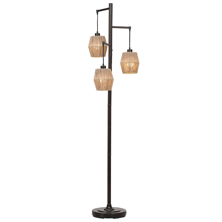 Stalk Design Metal Floor Lamp with 3 Hanging Rope Shade, Bronze-Benzara