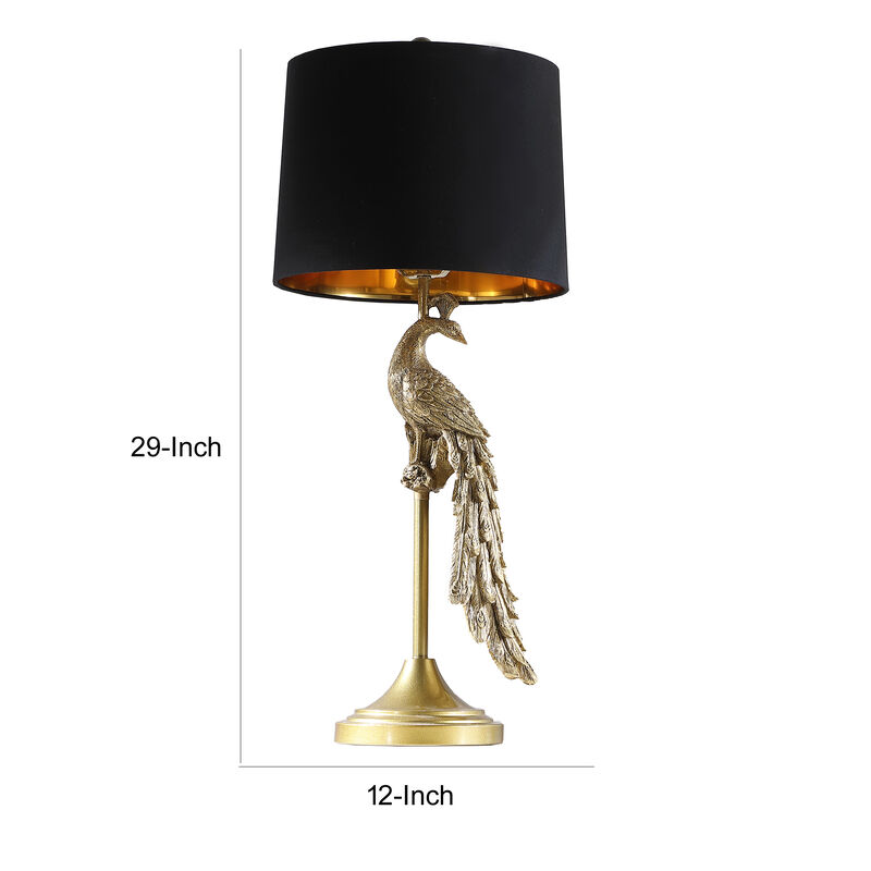 29 Inch Peacock Table Lamp, Gold Polyresin Sculpture, Black Drum Shade - Benzara
