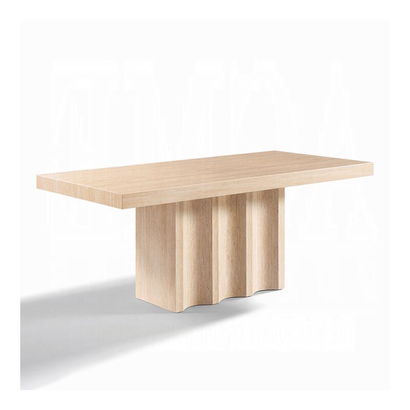 Pia Dining Table, 71 Inch Travertine Top, Fluted Pedestal Base, Brown image number 0