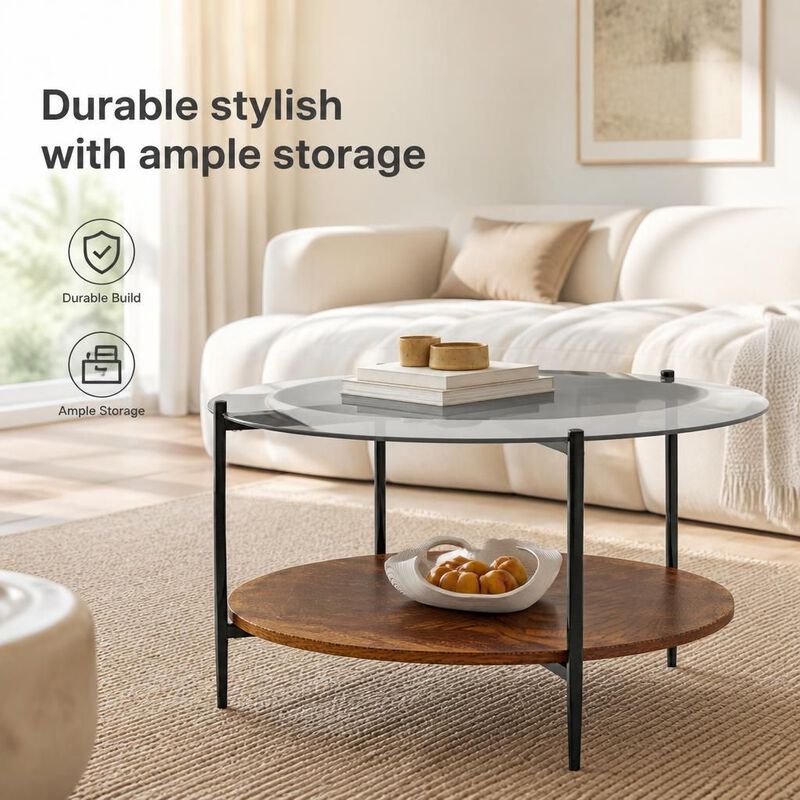 GOODSILO Round Modern Coffee Table with Tempered Glass Top and Solid Wood Storage Shelf, Functional Stylish Living Room Centerpiece image number 4