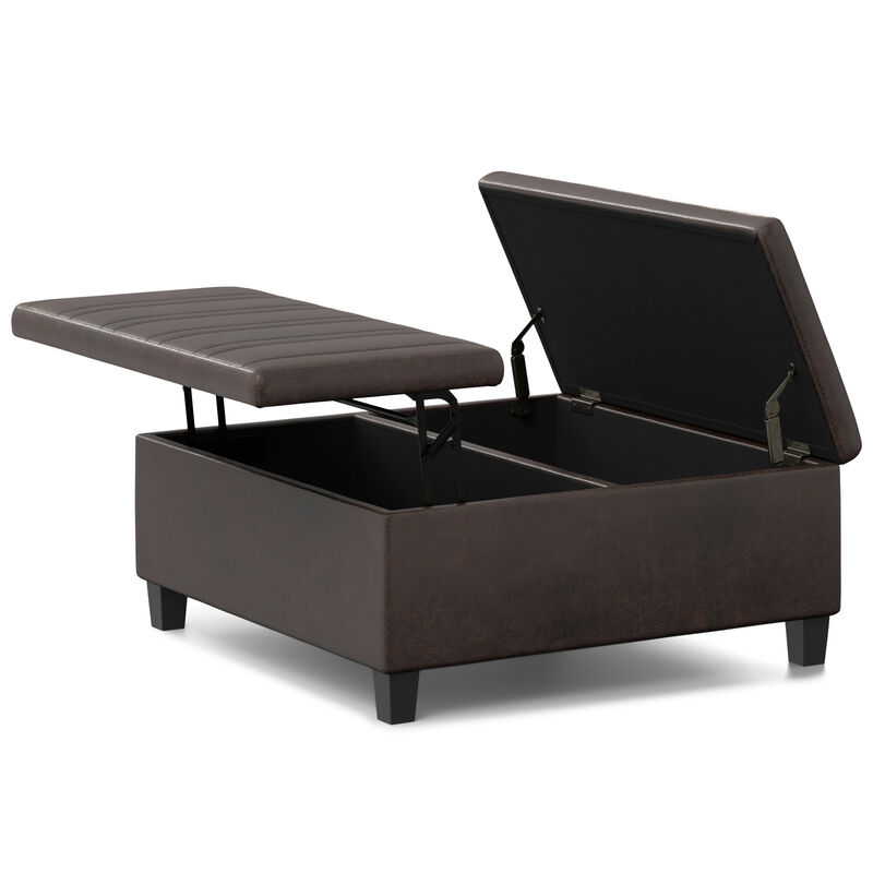 Ellis 36 inch Wide Contemporary Square Coffee Table Storage Ottoman in Distressed Brown Vegan Faux Leather, Assembled