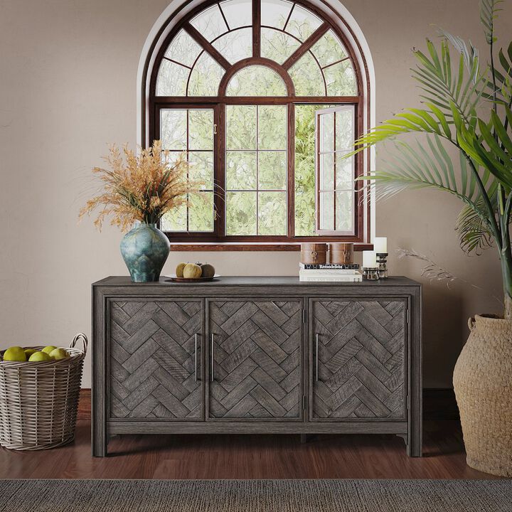 Jofran Gramercy Mid-Century Modern Chevron Three Door 60 Accent Cabinet