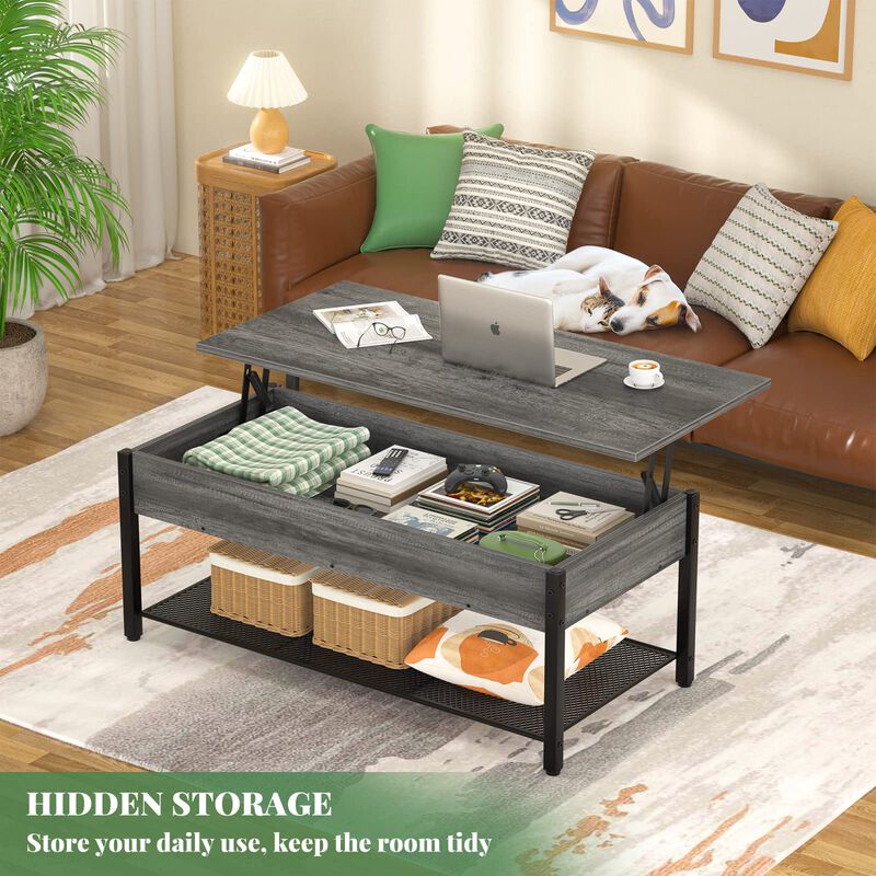 Homieasy Lift Top Coffee Table with Storage Shelf and Hidden Compartment, Modern Lift Top Table for Living Room, Wood Lift Table