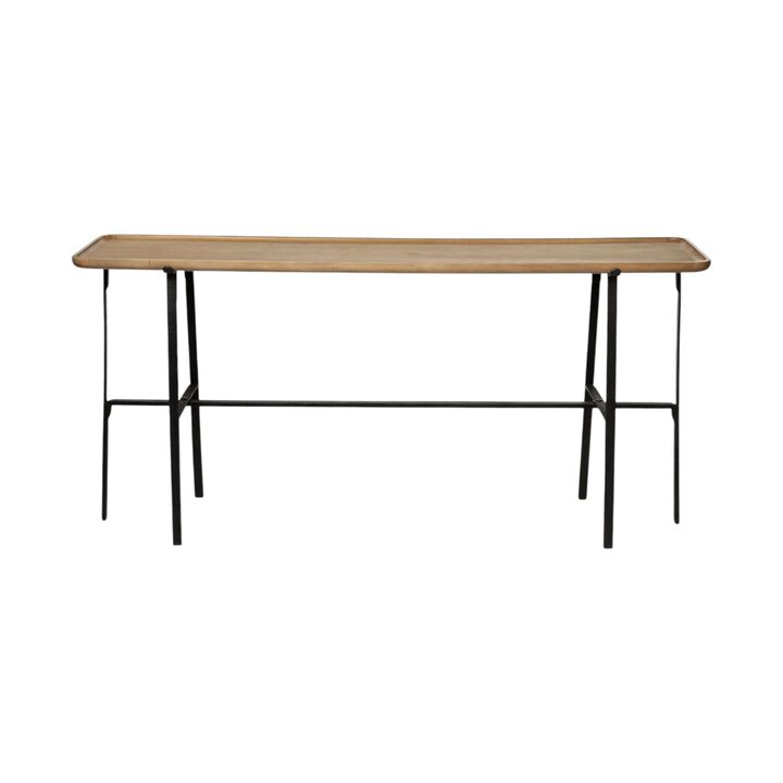HomeRoots 60" Brown and Black Solid Wood and Metal Trestle Console Table