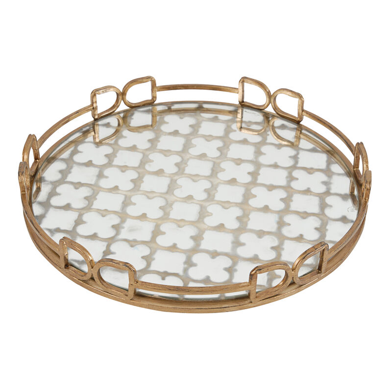 Sui 16 Inch Round Serving Tray, Glass Bottom and Gold Geometric Frame-Benzara