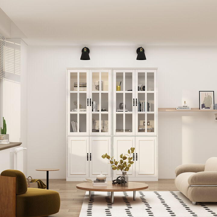 FUFU&GAGA 8-Door White Storage Cabinet Set – Stylish and Spacious Organizing Solution, 2-Piece Wardrobe with Glass Doors and Black Handles, (78.7 in. H x 63 in. W x 15.7 in. D),White