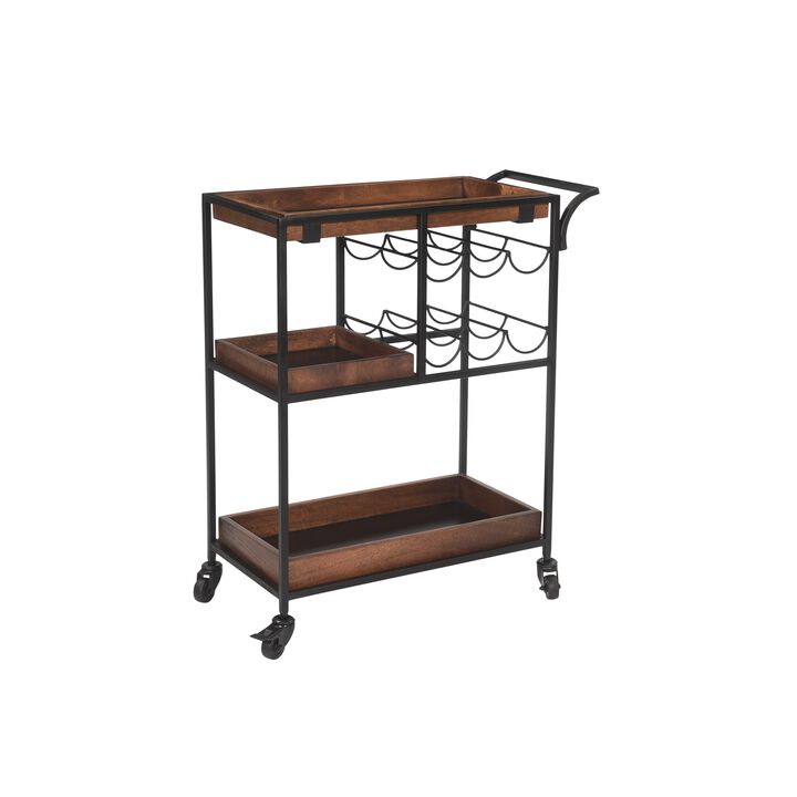 30 Inch Handcrafted Mango Wood Bar Serving Cart with Caster Wheels, 6 Bottle Holders, Tray Shelves, Brown and Black-Benzara