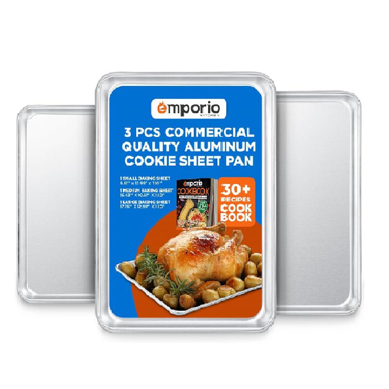 Baking Pan Set - Small, Medium, and Large Aluminum Cookie Sheet Pan (9x13, 10.5x15, 13x18), PFOA, PFOS, PTFE Free, Recipe Booklet Included, Oven Safe, Resist Heat Up To 500&deg;F, Set of 3