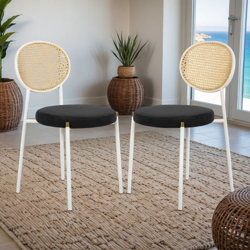 LeisureMod Velvet Dining Chair Rattan Back Side Chair Comfortable Kitchen Chair with Stainless Steel Base Euston Collection, Set of 2