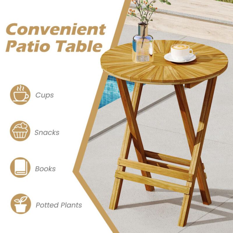 Hivvago Patio Folding Side Table Teak Wood Round End Table with Slatted Tabletop and X-Shaped Frame
