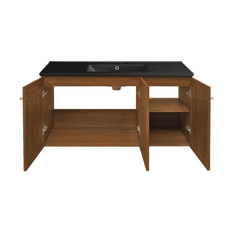 48" Wall-Mounted Bathroom Vanity in Brown Oak, Black 3-Hole Widespread Sink Top image number 3