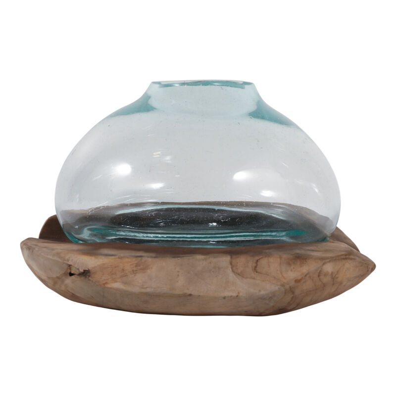 20x12" Glass Vase On Teak Wood, Clear/natural image number 0