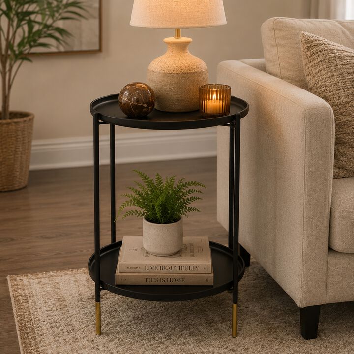 Addy Two-Tier Round Side Table with Tray Shelves Accent, Black Metal 24 Inch