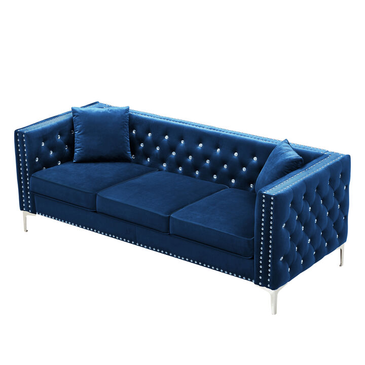 82.3" Width Modern Velvet Sofa Jeweled Buttons Tufted Square Arm Couch Blue,2 Pillows Included