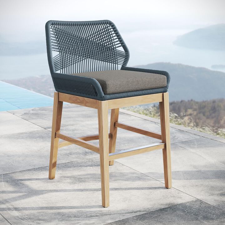 Modway Wellspring Outdoor Patio Teak Wood Counter Stool in Light Gray Greige - 24 Inch Patio Counter Height Stool with Cushion, Woven Seat and Teak Wood Legs