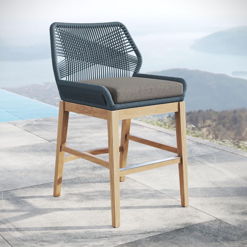 Modway Wellspring Outdoor Patio Teak Wood Counter Stool in Light Gray Greige - 24 Inch Patio Counter Height Stool with Cushion, Woven Seat and Teak Wood Legs image number 1