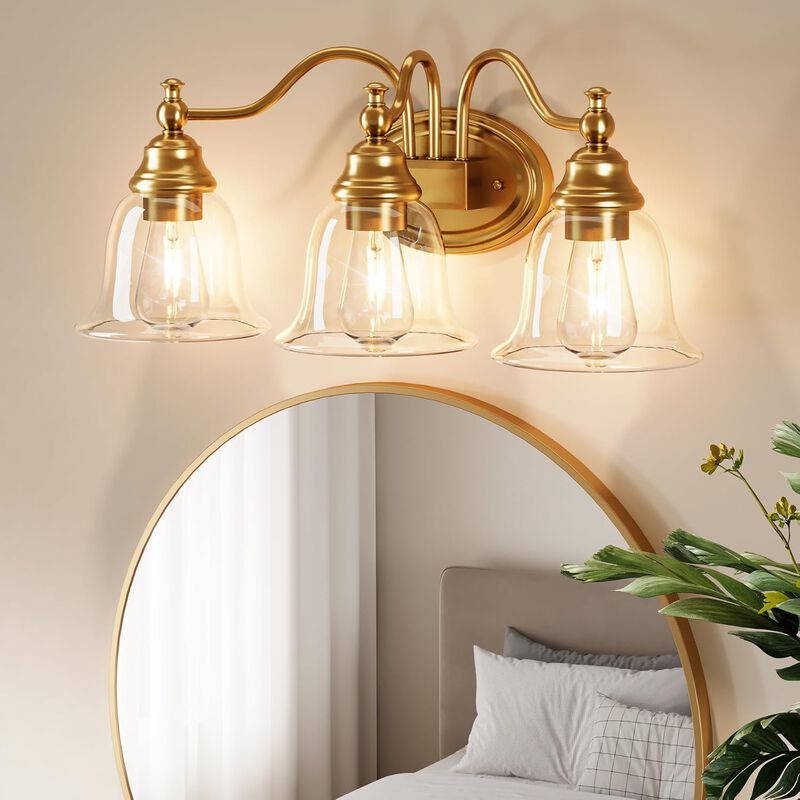 Gold Bathroom Vanity Light, Three-Light Clear Glass Bell Shades image number 4