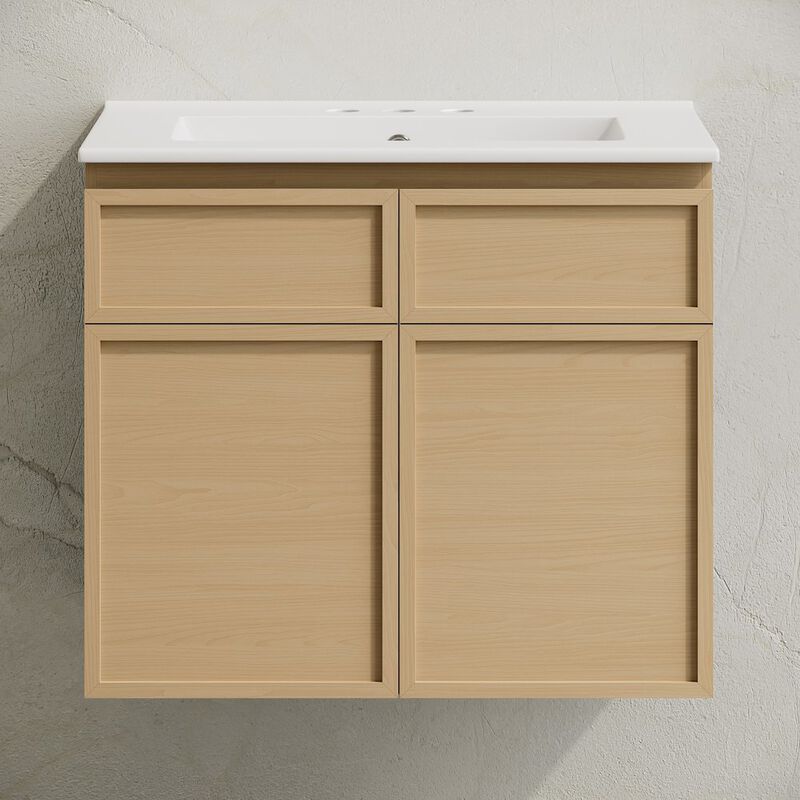 24" Wall-Mounted Bathroom Vanity in Natural Oak with 3-Hole Centerset Sink Top image number 4