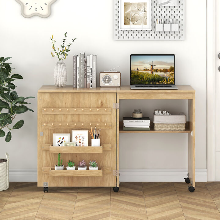 Folding Sewing Table with Storage Shelf and 5 Lockable Wheels for Craft Room Mobility