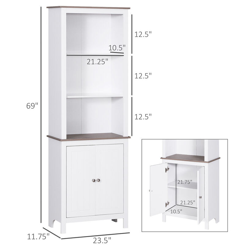 HOMCOM 69'' Freestanding Storage Cabinet, Bathroom Linen Tower, Kitchen Cupboard, Buffet Cabinet, Bookcase with Double Door 3-Tier Shelf for Home Office, White