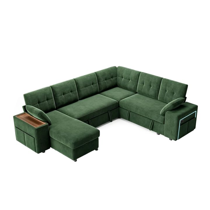 Vipbear 112" U-Shaped 7-Seat Modular Chenille Sectional Sleeper Sofa, Pull Out Bed Reclining Couch