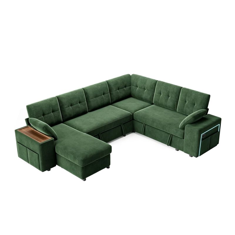 Vipbear 112" U-Shaped 7-Seat Modular Chenille Sectional Sleeper Sofa, Pull Out Bed Reclining Couch image number 0