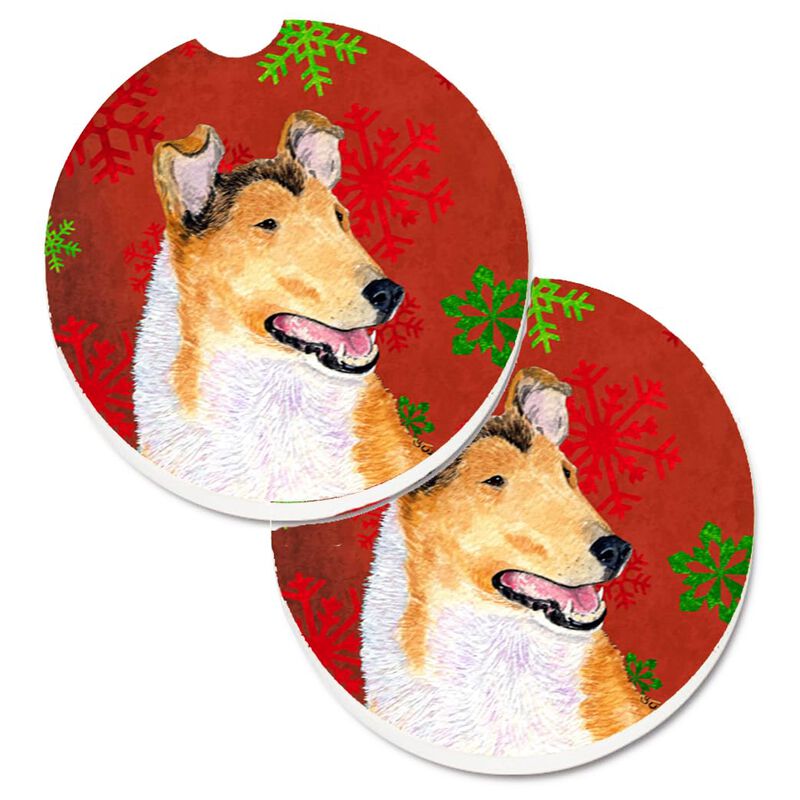 Caroline's Treasures Collie Smooth Red green Snowflakes Christmas Set of 2 Cup Holder Car Coasters SS4677CARC, 2.56, Multicolor image number 0