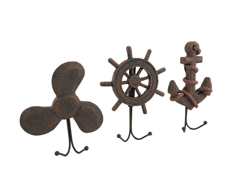 Set of 3 Weathered Finish Anchor Prop and Wheel Nautical Wall Hooks image number 0