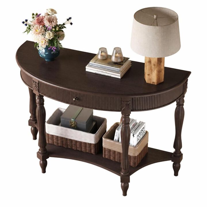 GOODSILO Solid Wood Half Moon Console Table with Drawer and Open Shelf, Fluted Vintage Curved Entryway Table for Narrow Hallway Living Room Foyer