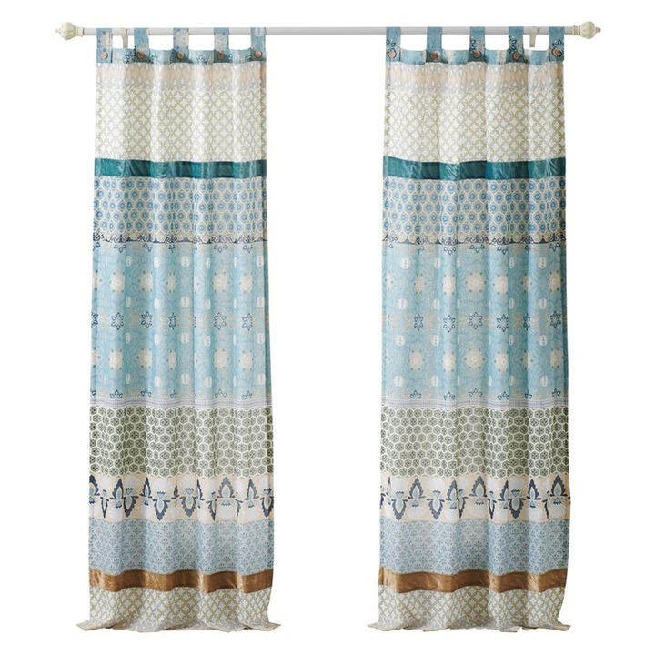 Ello 2 Panel Curtain Panel Set, Cotton White and Blue Geometric Print - Benzara
