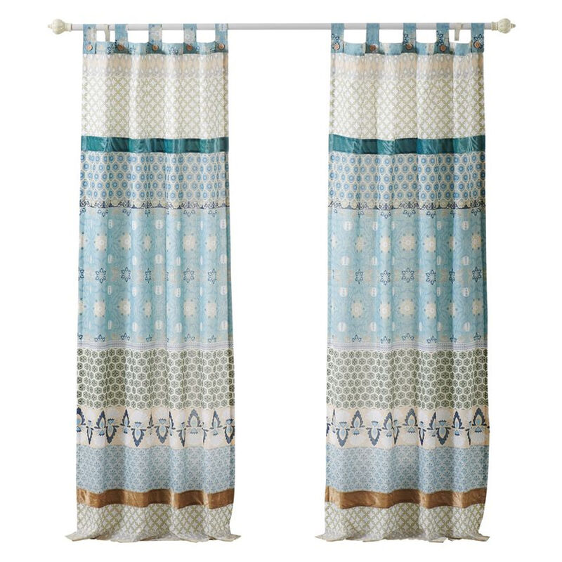 Ello 2 Panel Curtain Panel Set, Cotton White and Blue Geometric Print - Benzara