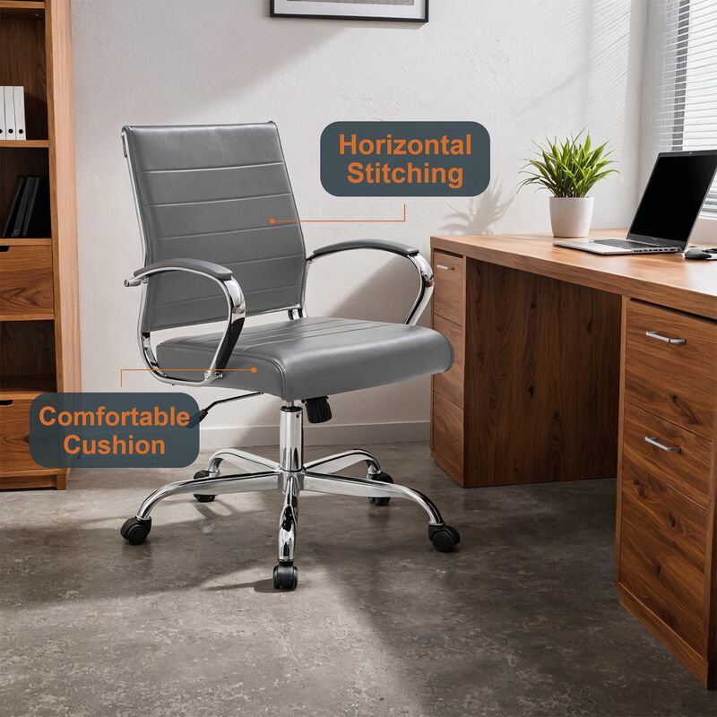 LeisureMod Benmar Mid-Back Office Chair, Leather Upholstery with Swivel, Tilt, and Chrome Base, Modern Desk Seating for Home Office or Conference Room