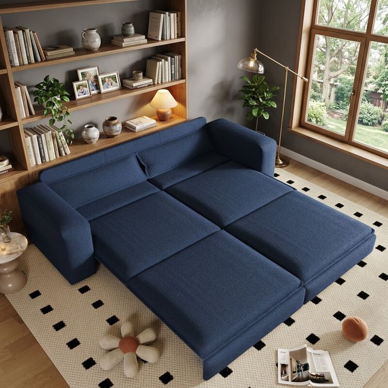 Whisen 93" King Size Sleeper Sofa, 3-Seat Teddy Fabric Convertible Couch with 2 Lumbar Pillows image number 1