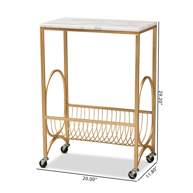 Baxton Studio Jacek Modern Gold Finished Metal Wine Cart with Marble Tabletop