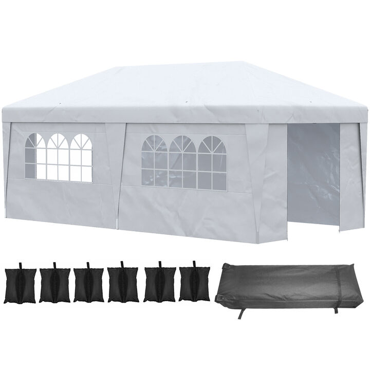 Outsunny 10' x 19.5' Pop Up Canopy Tent with Sidewalls, Height Adjustable Large Party Tent Event Shelter with Leg Weight Bags, Double Doors and Wheeled Carry Bag, for Garden, Patio, White