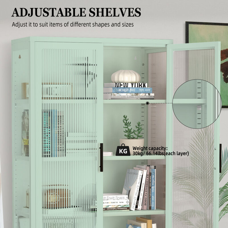 Double Glass Door Storage Cabinet with Adjustable Shelves and Feet Cold-Rolled Steel Sideboard Furniture for Living Room Kitchen Mint Green image number 5