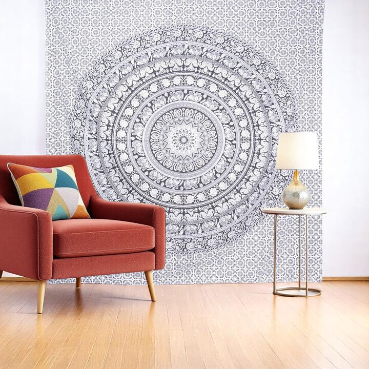 HomeRoots 92" X 84" Black And White Mandala Cotton Hanging Tapestry