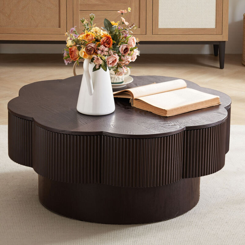 GOODSILO Modern Flower Shaped Coffee Table with Hidden Storage, Fluted Texture Plum Blossom Design for Living Room, Apartment, Office, Easy Assembly image number 3