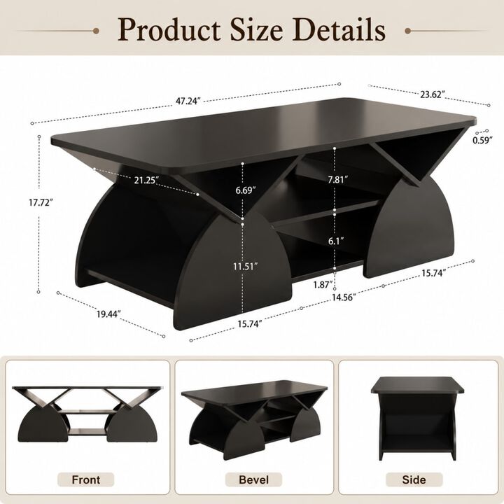 GOODSILO Modern Geometric Engineered Wood Coffee Table with Rounded Safety Corners, Spacious Tabletop, Multiple Storage Areas, Easy Assembly for Living Room, Office and Reception Spaces