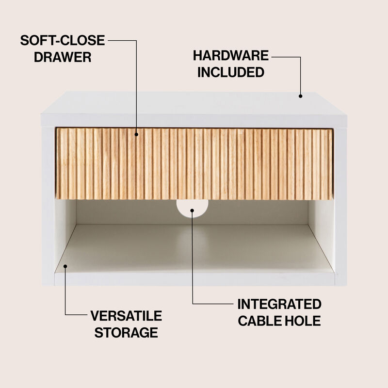 Elise Classic Contemporary Floating Wall Mounted Nightstand with Soft-Close Tambour Drawer and Cable Hole (Set of 2) image number 2