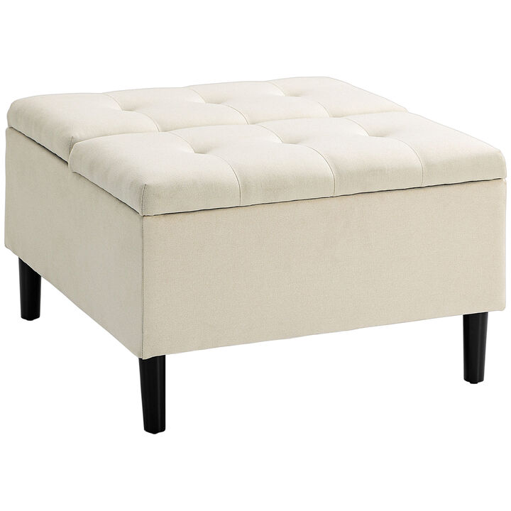 HOMCOM 30" Square Storage Ottoman, Upholstered Ottoman Coffee Table with Lift Top, Button Tufted and Wood Legs, Accent Footstool for Living Room, Cream White