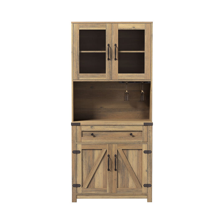 Modern Farmhouse Double Barn Door Accent Bar Cabinet with Goblet Holder, Yellow Walnut