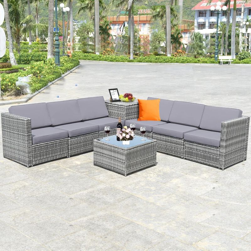 Mondawe 8 Pieces Wicker Sofa Rattan Dining Set Patio Furniture with Storage Table