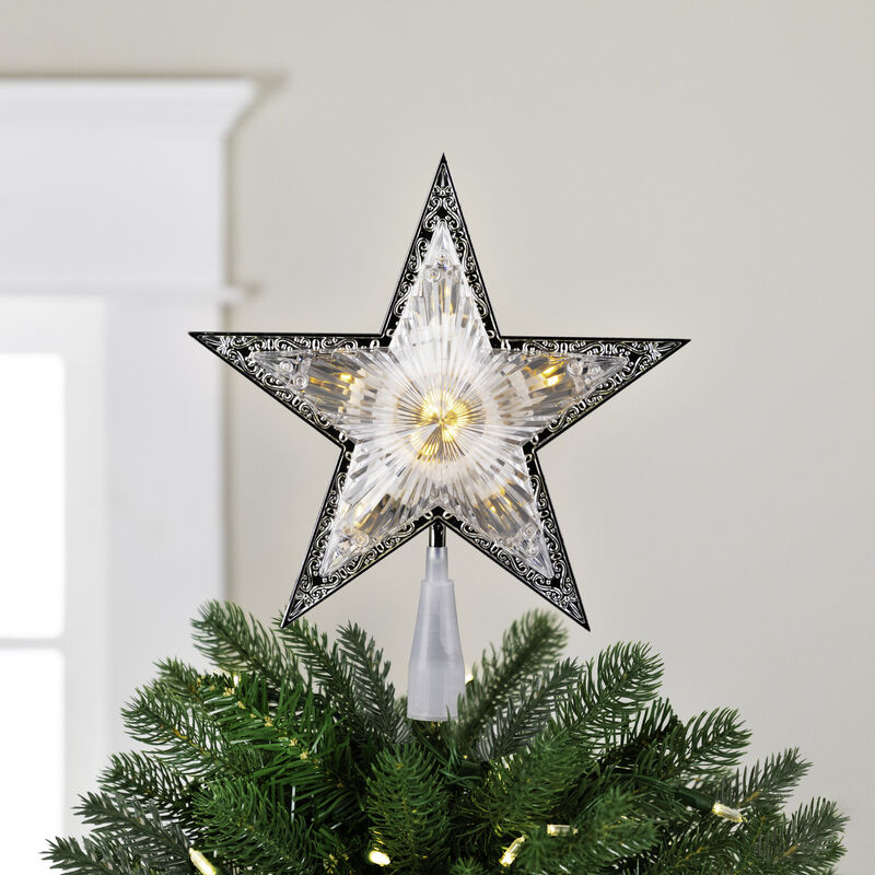 9" Pre-Lit Silver and Clear Crystal 5 Point Star Christmas Tree Topper - Clear Lights image number 1